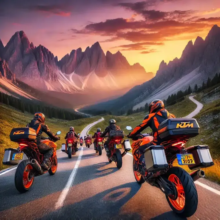 DALL·E 2024 08 15 18.48.57 A scenic image of a group of motorcyclists riding through a breathtaking mountainous landscape during sunset. The road winds through the mountains an